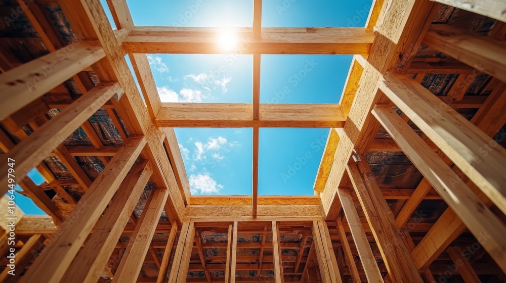 Poster Workers are focusing on the construction of a wooden structure, with beams and framing visible against a bright blue sky, highlighting the architectural progress of the building.