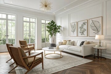 Bright airy living room, large windows, white walls, ornate ceiling molding, modern white sofa, brown leather armchairs, round coffee table, fiddle leaf fig plant, neutral area rug, minimalist wall ar
