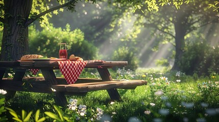 Picnic Table Illustration, Cartoon Background, 8K Realistic
