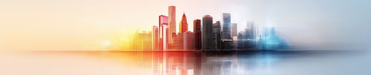 A city skyline is reflected in the water