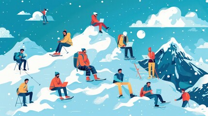 Professionals embracing the hybrid work lifestyle, balancing remote and office work. Illustrations