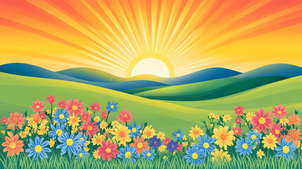 Fototapeta premium A colorful sunrise over rolling hills with wildflowers in the foreground.