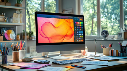 A computer monitor displaying colorful design software in a home office.