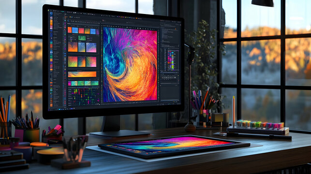 A computer monitor displaying an abstract colorful image in a photo editing software.