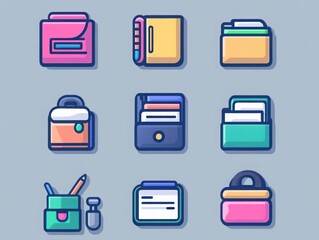 Obraz premium Stylish icon pack featuring modern stationery items perfect for work environments and professional settings