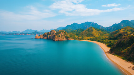 Obraz premium Scenic coastal view featuring mountains and lush greenery beside a tranquil blue sea, providing a serene escape into nature's beauty.