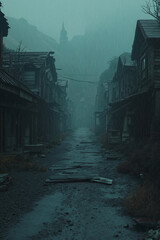 Fototapeta premium A desolate, rain-soaked street in a dilapidated town