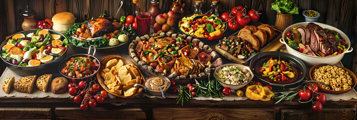 Fototapeta premium Delicious Spread of Traditional Kansas Regional Dishes Underneath the Beautiful Twilight Sky