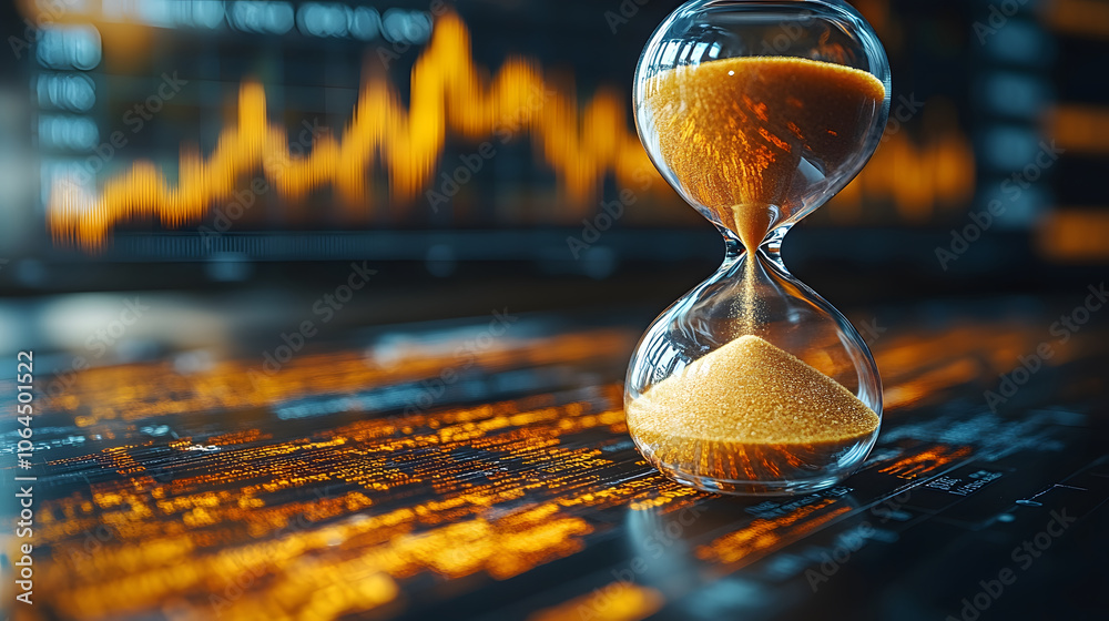 Poster A close-up of an hourglass with flowing sand, set against a background of financial data charts and graphs illustrating time and investment.