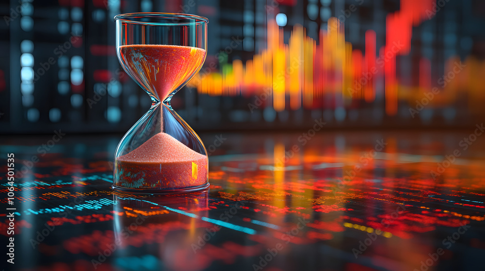 Poster a digital hourglass on a trading backdrop symbolizes time management in finance and decision-making 