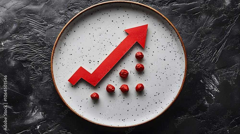 Poster A red upward arrow and small round objects on a white plate, set against a dark surface, symbolizes growth and progress.