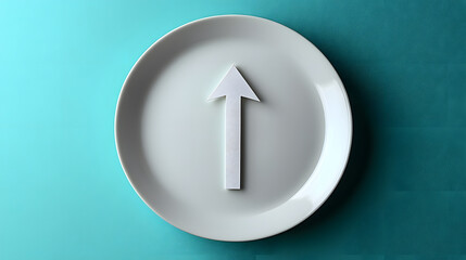 A minimalistic white plate featuring a prominent upward arrow, set against a teal background, conveying a sense of direction and positivity.