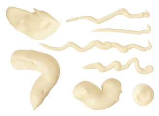 Mayonnaise smears isolated. Mayonnaise drop and splash set. Wavy lines of mayonnaise sauce on white. Design element Top view. Flat lay.