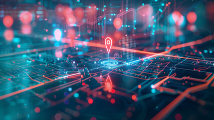 Abstract representation of a digital map with highlighted routes and glowing location pins, illustrating navigation or GPS technology.