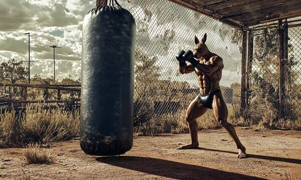 A muscular kangaroo boxing with a heavy bag in an outdoor training area.