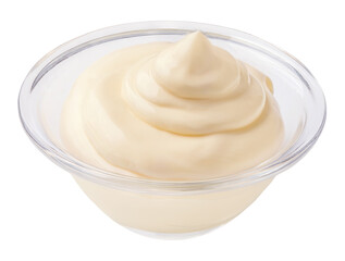 Bowl of Mayonnaise isolated on white background. Sour Cream, Mayonaise, Yogurt  Side  view.