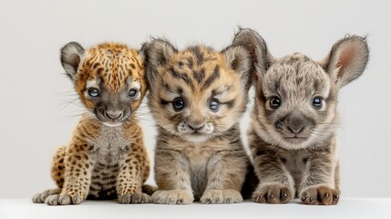Naklejka premium A group of seven kittens sitting closely together against a white background, highlighting their diverse fur colors and bright, curious eyes