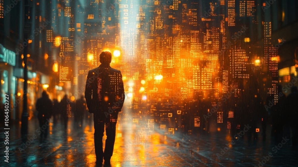 Poster in a vibrant urban landscape, a solitary figure appears against a backdrop of glowing city lights an