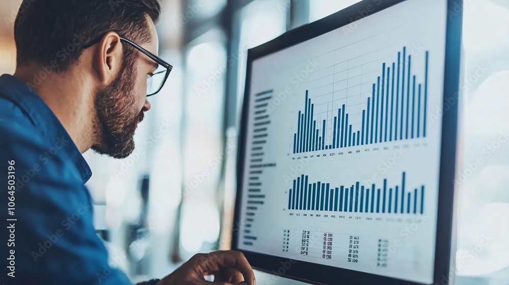 Poster focused professional analyzing data on a computer screen with graphs and charts for business insight