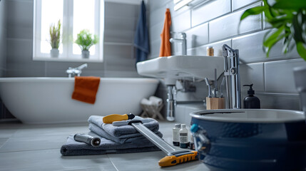 plumber tools and equipment in a bathroom, plumbing repair service, assemble and install concept