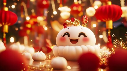 A cute dumpling character with a joyful expression, set against a vibrant Chinese New Year background featuring festive red lanterns, gold decorations, and traditional symbols of good luck.