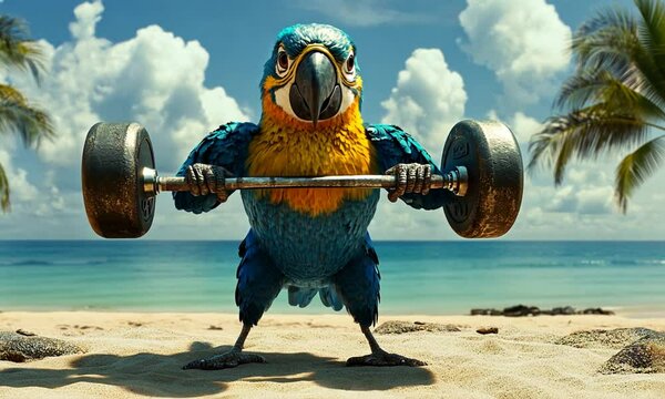 A vibrant blue and yellow macaw lifting weights on a beach, showcasing fitness and fun.