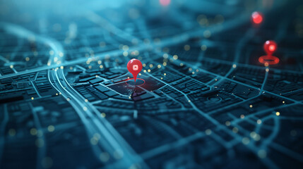 Abstract representation of a digital map with highlighted routes and glowing location pins, illustrating navigation or GPS technology.