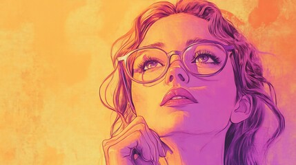 A young woman with glasses looks thoughtfully upwards against a vibrant yellow and purple background.