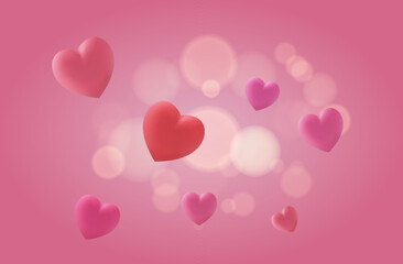 Romantic hearts on a background with bokeh effect. Flying pink hearts. Holiday symbol of love, birthday, Valentine's Day. Design of a greeting card. Festive contemporary banner. Vector 3d.