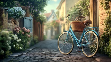 Vintage Bicycle with Basket by a Cobbled Alleyway