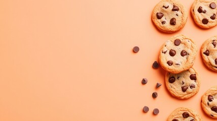 Obraz premium Freshly Baked Chocolate Chip Cookies on Orange Background