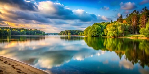 Fototapeta premium Long Exposure Kryspinow Lake Krakow Poland, Artificial Beach, Scenic Reservoir