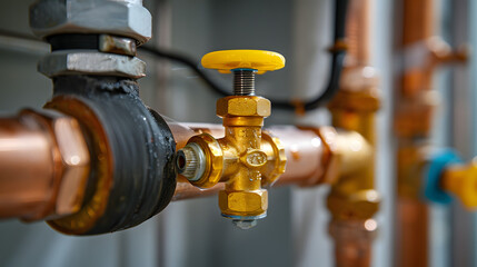 Plumber turning water shut off valve. Copper plumbing pipe with brass water supply valve and yellow stopcock handle