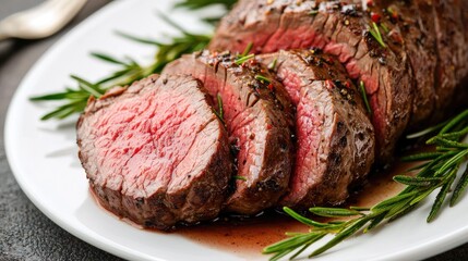 Savor the delicious taste of perfectly cooked beef tenderloin enhanced with fresh rosemary garnish
