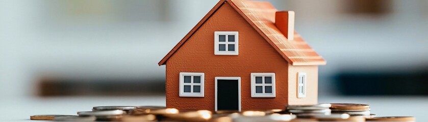 Obraz premium A miniature house model sits atop a pile of coins, symbolizing real estate investment and the concept of financial growth.