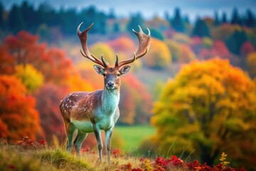 Fototapeta premium Fallow Deer Buck in Autumn Landscape - Stunning Aerial Drone Photography