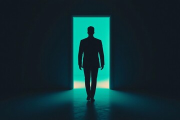 Fototapeta premium A silhouette of a businessman standing in a doorway illuminated by a vibrant blue light, creating a dramatic and mysterious atmosphere.