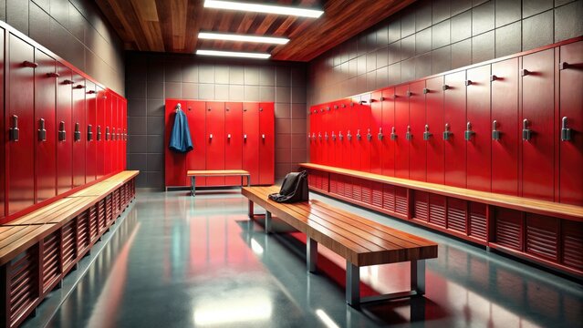 Fashionable Locker Room with Red Lockers and Wooden Bench for Stylish Athletes
