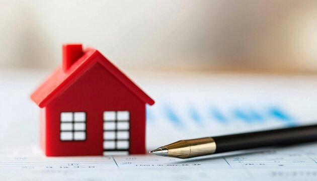 A red house model placed next to a pen on a financial document, symbolizing real estate investment and home ownership.
