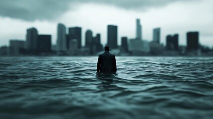 A solitary figure stands in deep water, gazing at a moody city skyline, evoking themes of isolation and contemplation.