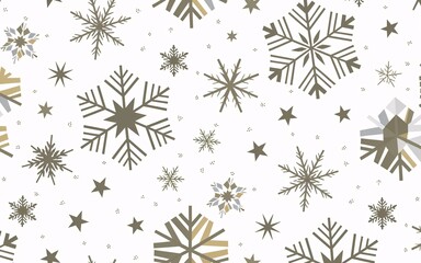 Seamless pattern of snowflakes and stars in gold and grey on a white background.