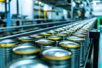 Line of canned food on clean light tinned products factory, Depth of field