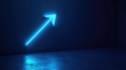 Glowing blue neon arrow pointing up in dark empty room symbolizing growth and success