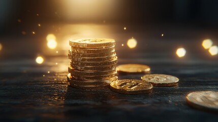 Pile of shiny gold coins stacked neatly on a wooden surface, with warm lighting highlighting their brilliance and inviting a sense of wealth.