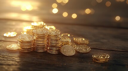 Pile of shiny gold coins stacked neatly on a wooden surface, with warm lighting highlighting their brilliance and inviting a sense of wealth.