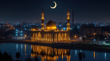 Naklejka premium Illuminated mosque reflecting in water under crescent moon at twilight