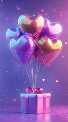 Fototapeta premium Heart shaped balloons lifting gift box on purple background