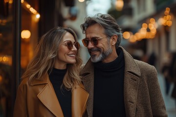 Naklejka premium Happy couple smiling and walking down city street