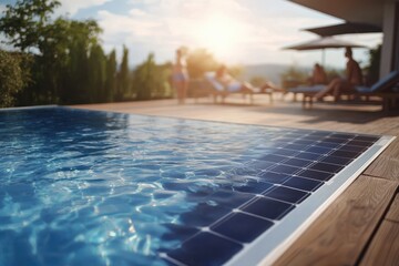 Modern solar powered swimming pool pump with visible solar panels and wooden deck