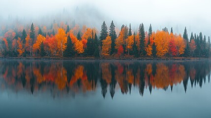 Obraz premium Colorful autumn trees reflecting in a lake with evergreen forest in the background